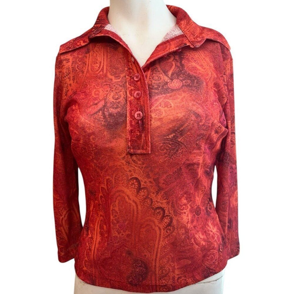 Bisou Jeans Ladies Large Orange Paisley Henley Pullover Blouse Long Sleeve USA